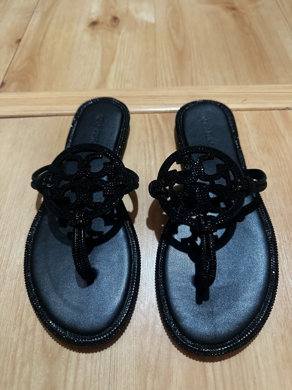 Tory Burch Black Embellished Logo Thong Sandals - Picture 2 of 4